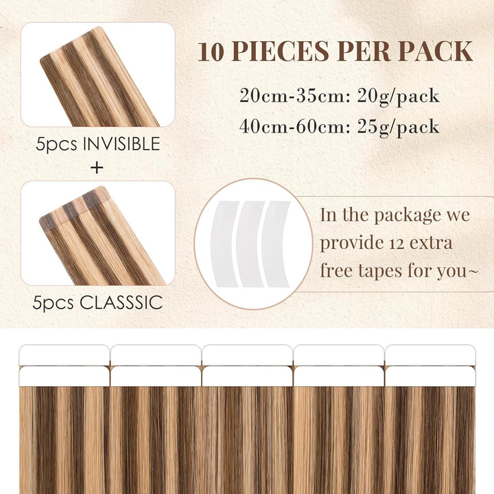 Elailite Tape Extensions Echthaar #4P27 Mittelbraun/Honigblond, 10 Stück Unsichtbar Kleber Haarverlä