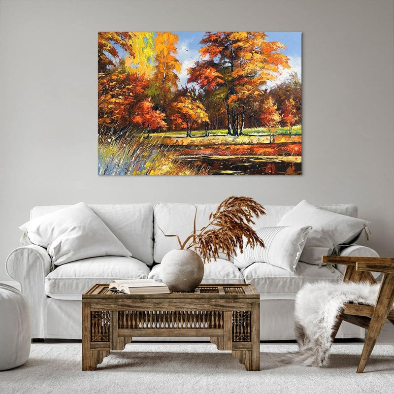 Bilder auf Leinwand 100x70cm Leinwandbild mit Rahmen Park Herbst Wasser Gross Wanddeko Bild Schlafzi