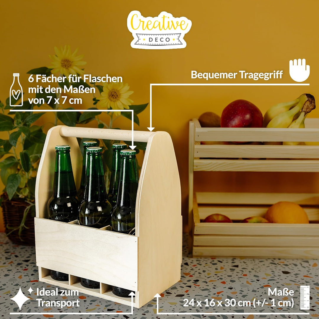 Creative Deco Flaschenträger Holz für 6 Bierflaschen | Bierträger Flaschenhalter | Masse 24 x 16 x 3
