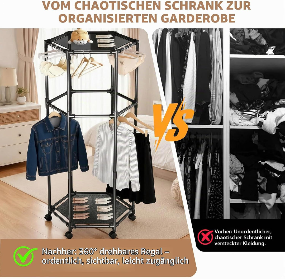 Kleiderständer auf Rollen, Rollbarer Garderobenständer, Drehbarer Sechseckiger Wäscheständer, Kleide