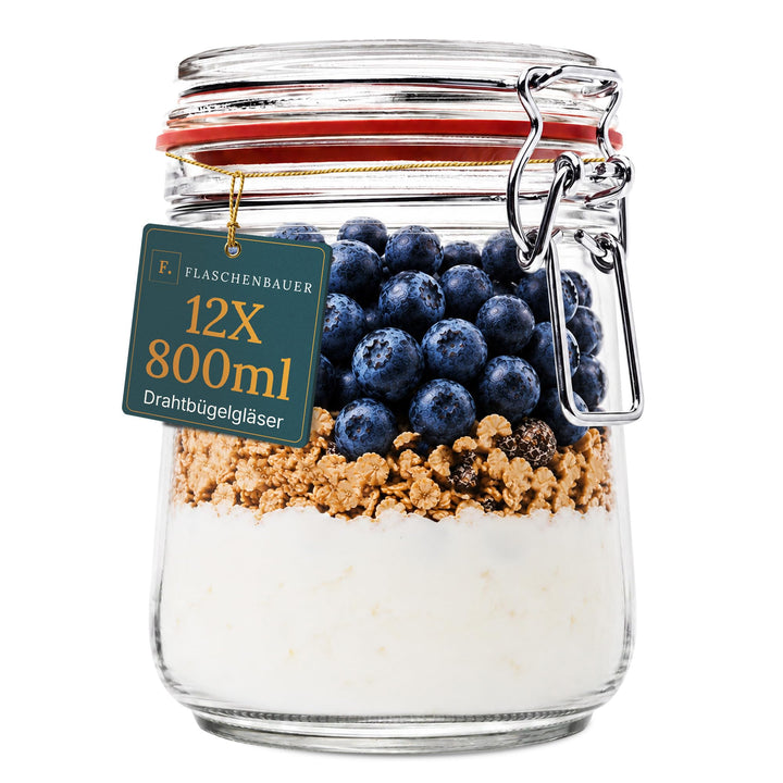 Flaschenbauer- 12 Drahtbügelgläser 800ml verwendbar als Einmachglas und Fermentierglas, zu Aufbewahr