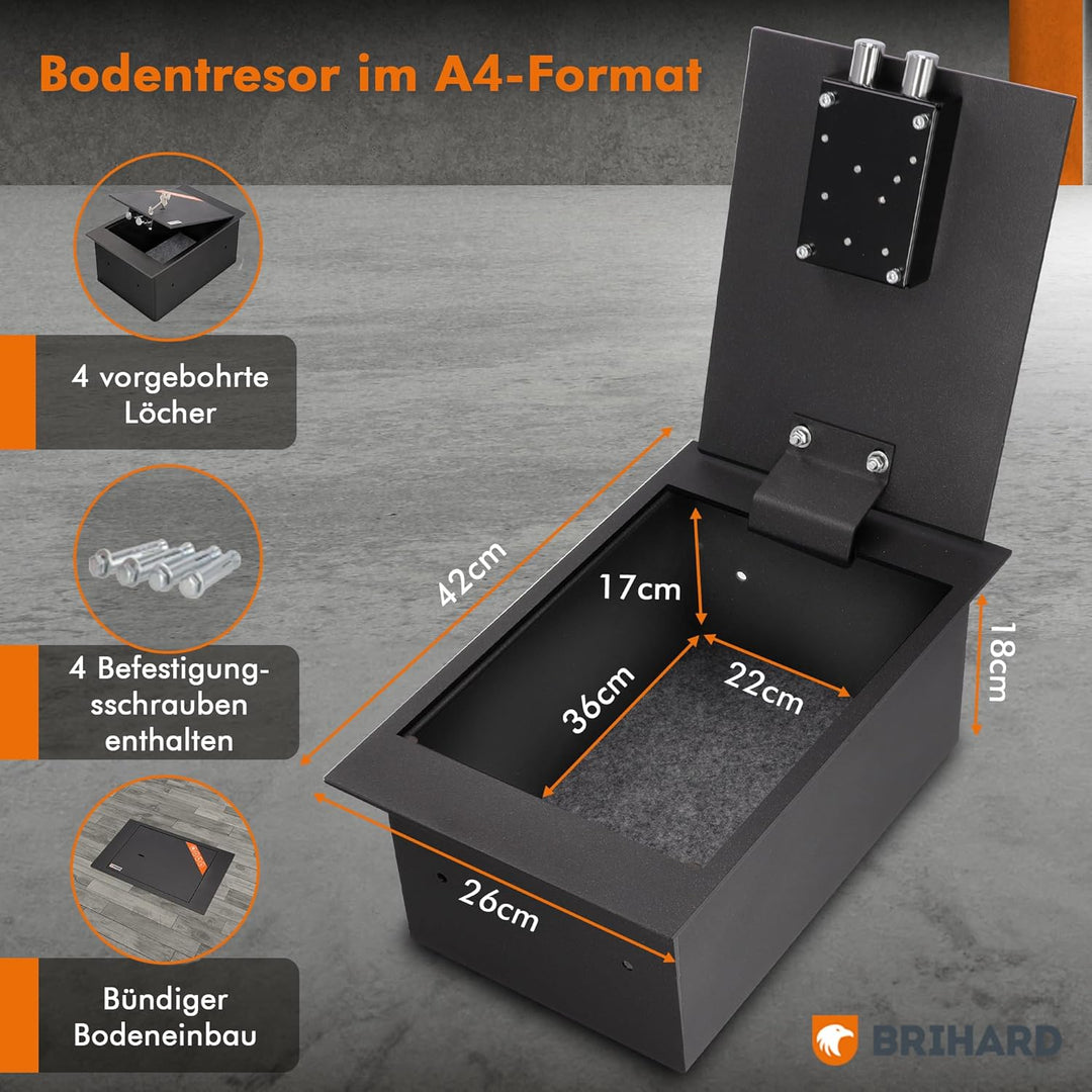 Brihard Bodenmontierter A4-Dokumententresor mit Schlüsselschloss – 13,5L Sichere Aufbewahrung – Auss