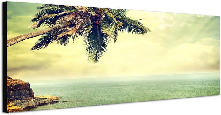 Paul Sinus Art Panoramabild auf Leinwand und Keilrahmen 150x50cm Strand Meer Palme Felsen Vintage