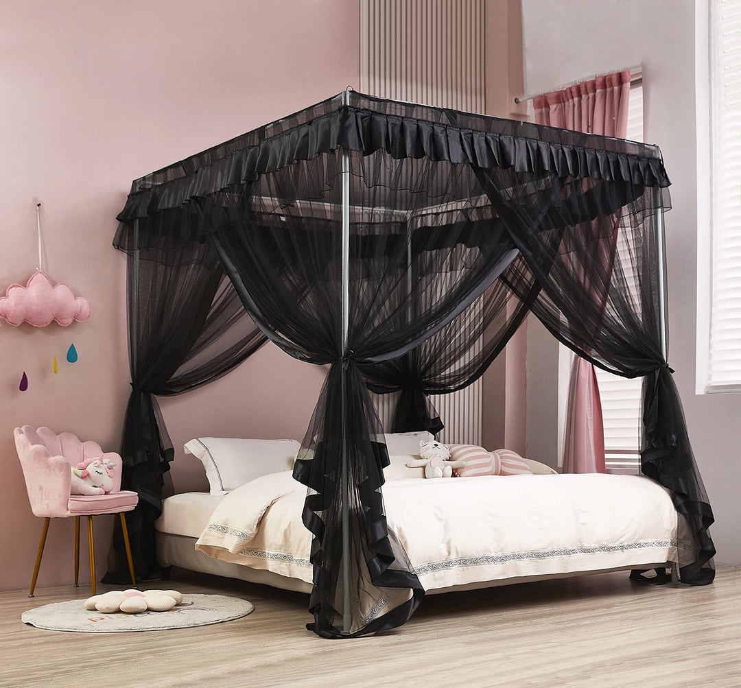 Mengersi Betthimmel, 4 Ecken, Bettvorhang, Netz, elegant, voll, schwarz, H199.4 x B134.6 cm (1er Pac