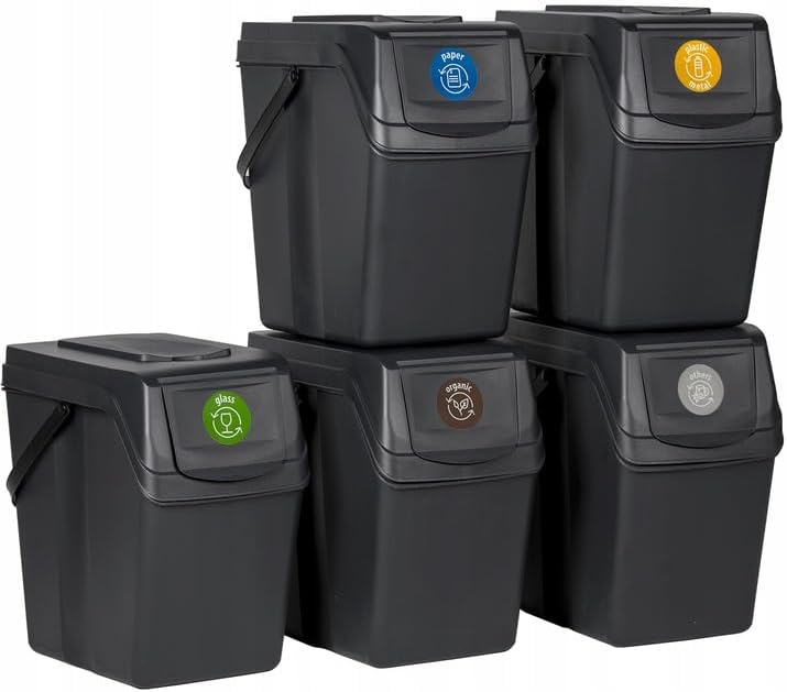 Prosperplast 5er Set Sortibox 125L Recyclingeimer aus Kunststoff in Anthrazit, 5x25L Anthrazit 5
