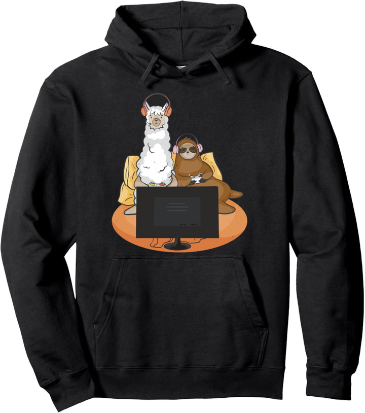 Lustiges Faultier und Lama beim zocken Pullover Hoodie