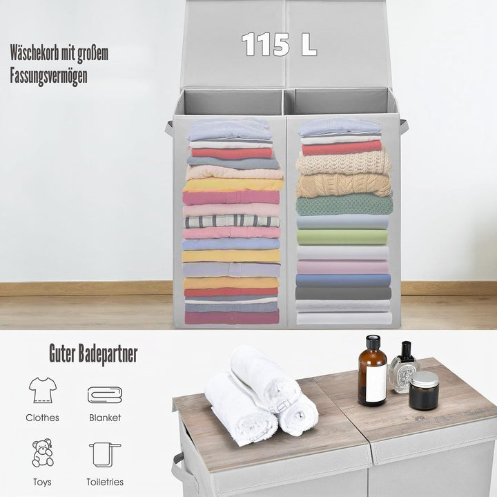 GIANTEX Wäschekorb 115 L mit 2 Fächern, Wäschesammler Wäschebox mit Deckel & Griff, Wäschesortierer