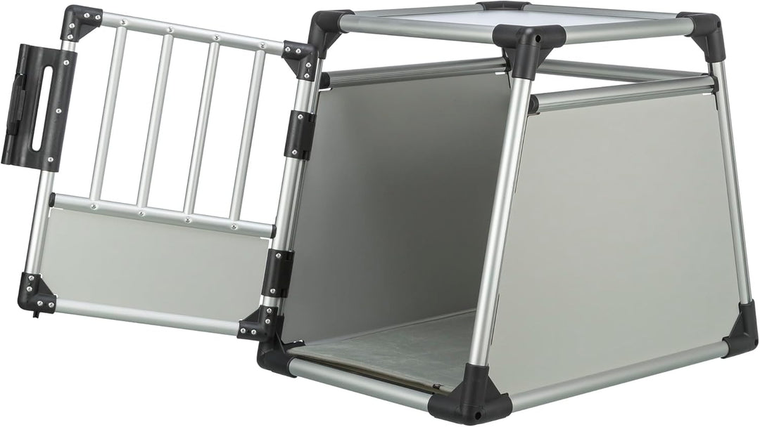 TRIXIE Hunde-Transportbox, Aluminium, M: 55 × 62 × 78 cm, hellgrau/silber, mit Klettleiste am Boden,