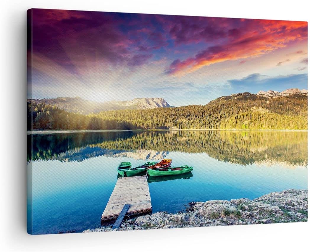 Bilder auf Leinwand See Berge Wasser Leinwandbild mit Rahmen 70x50cm Wandbilder Dekoration Wohnzimme