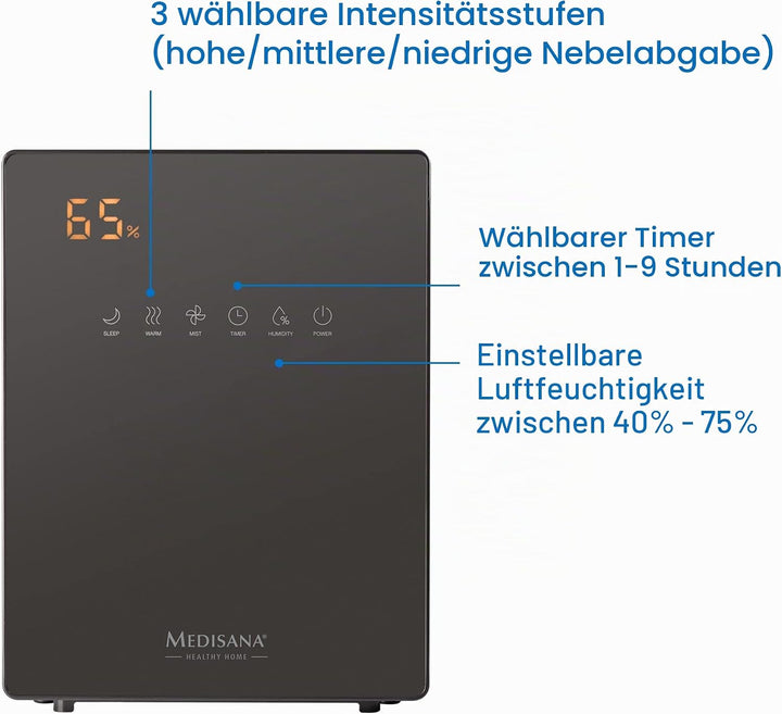 medisana AH 675 Luftbefeuchter mit Hygrometer, Timerfunktion, Vorheizfunktion, 3 Zerstäubungsintensi