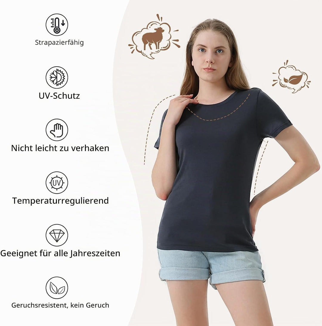 Merino Protect 100% Merino Wolle Shirt Damen Kurzarm Rundhals Wolle Unterhemd Geruchsresistenz Funkt