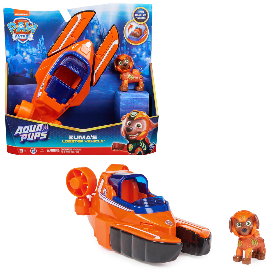 PAW PATROL, Aqua Pups - Basis Fahrzeug Spielzeugauto im Hummer-Design mit Zuma Welpenfigur, Spielzeu