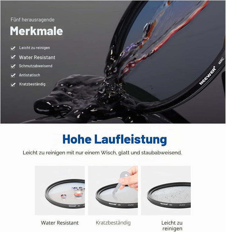 NEEWER 82mm Polarisationsfilter(Polfilter),CPL Filter mit 30 lagiger Mehrschicht Polarisationsfolie,