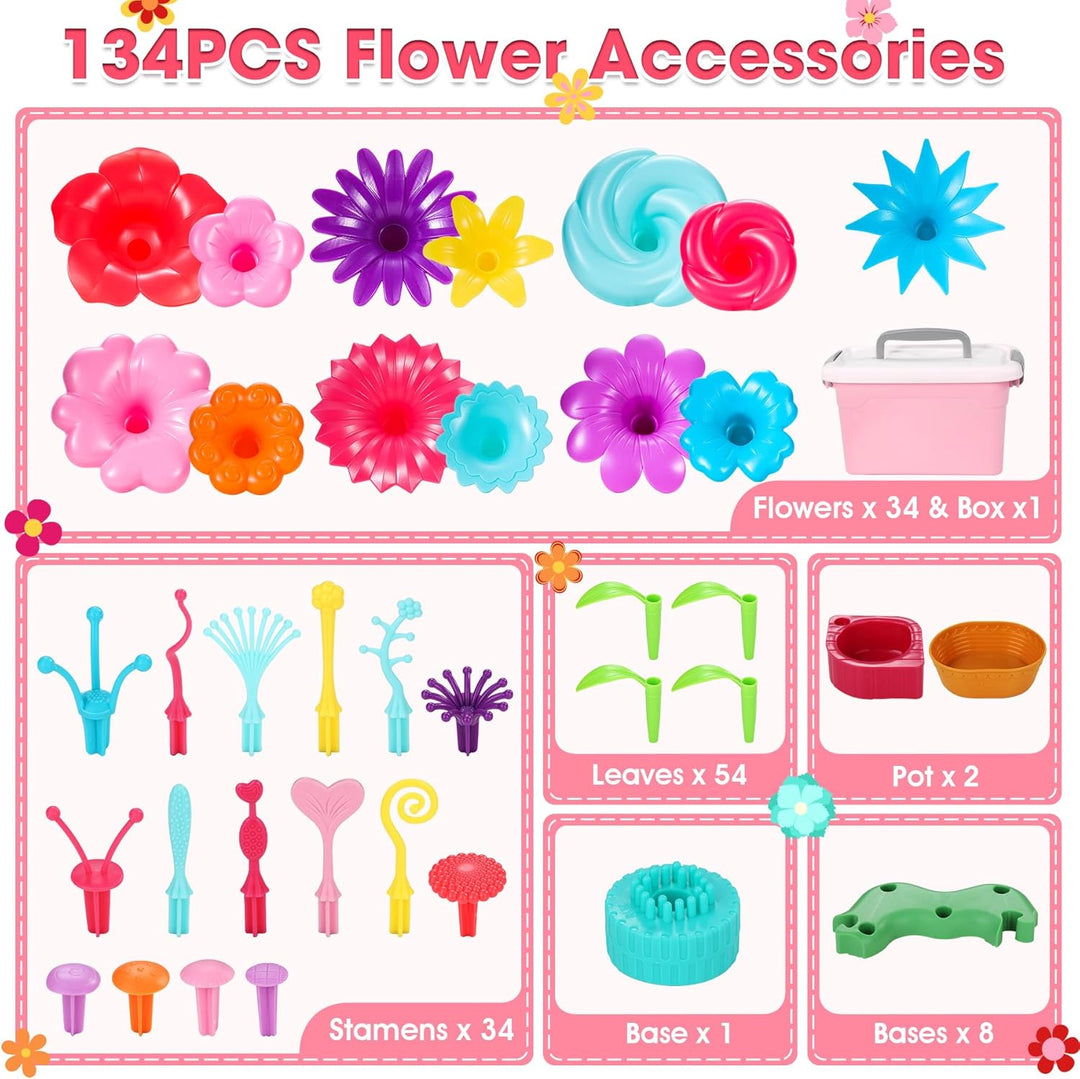 Fivejoy Blumengarten Spielzeug Für Mädchen 134PCS, DIY Bouquet Set Mit Rosa Box Draussen & Drinnen S
