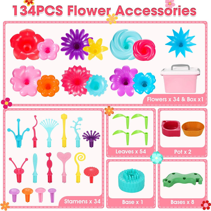 Fivejoy Blumengarten Spielzeug Für Mädchen 134PCS, DIY Bouquet Set Mit Rosa Box Draussen & Drinnen S