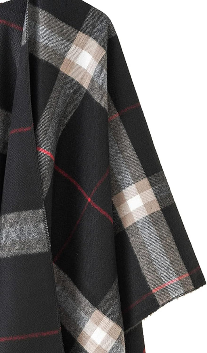 Danfiki Damen Poncho Schal Cashmere Feeling Strick Cape Cardigan Einheitsgrösse Doppelgitter Schwarz