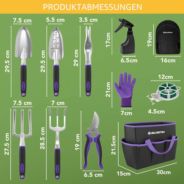 BLOSTM Gartenwerkzeug-Set, 11-teilig, robustes Gartengeräte-Set mit wasserdichter Tragetasche, rostf