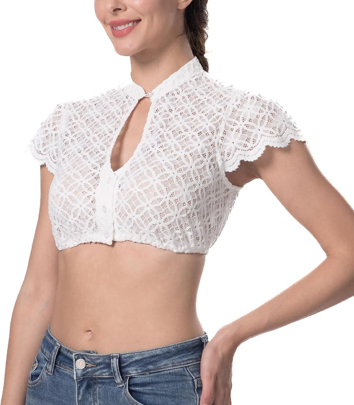 Dirndlparty Dirndlbluse Damen Schlicht, Kurzarm Dirndl Bluse Creme Spitze Trachtenbluse Oktoberfest
