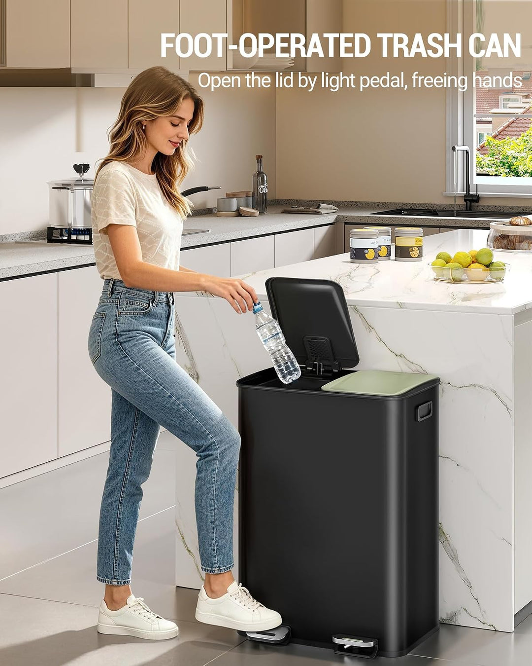 Hzuaneri Mülleimer Küche, 2 x 30 L, Mülltrennsystem 2 Fächer, Mülleimer mit Farbigem Soft-Close-Deck