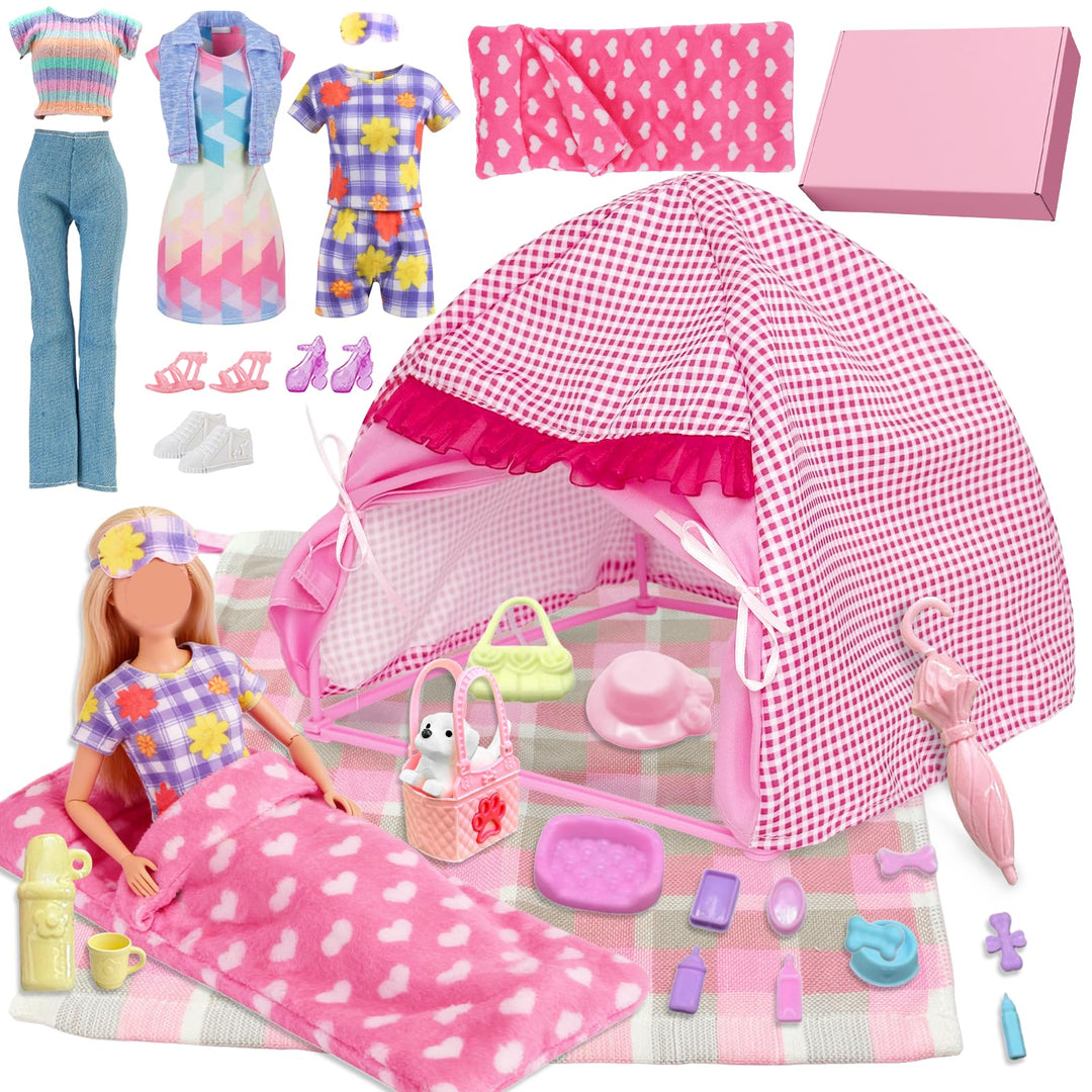 28 Stück PuppenKleidung Camping Sets Kompatibel mit Barbie, 11.5 Inch Puppe Zubehör 1 Puppenzelt 1 P