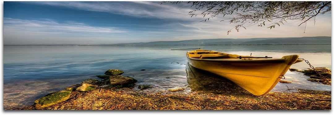 Augenblicke Wandbilder Leinwandbild als Panorama in 150x50cm Meer Wasser Bucht Boot Wolkenschleier