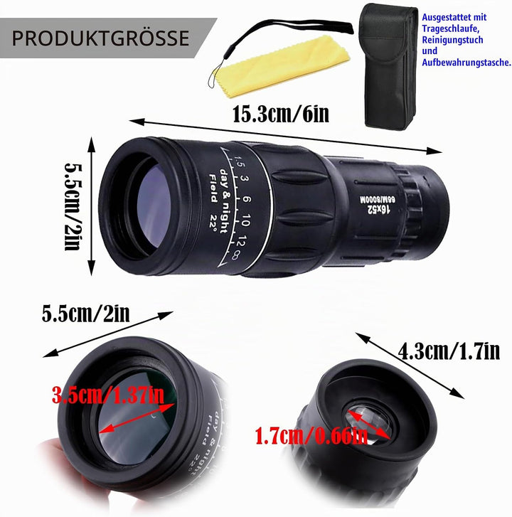 16X52 Monokular Teleskop, Monokulares Teleskop, Wasserdichtes Bak4 Prisma Dual Fokus Fernrohr Kompak