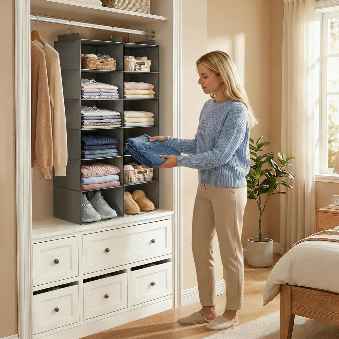 Doppelreihe Hängeregal, 6 Ebenen Schrank Organizer für Kleidung, Faltbarer Kleiderschrank Organizer
