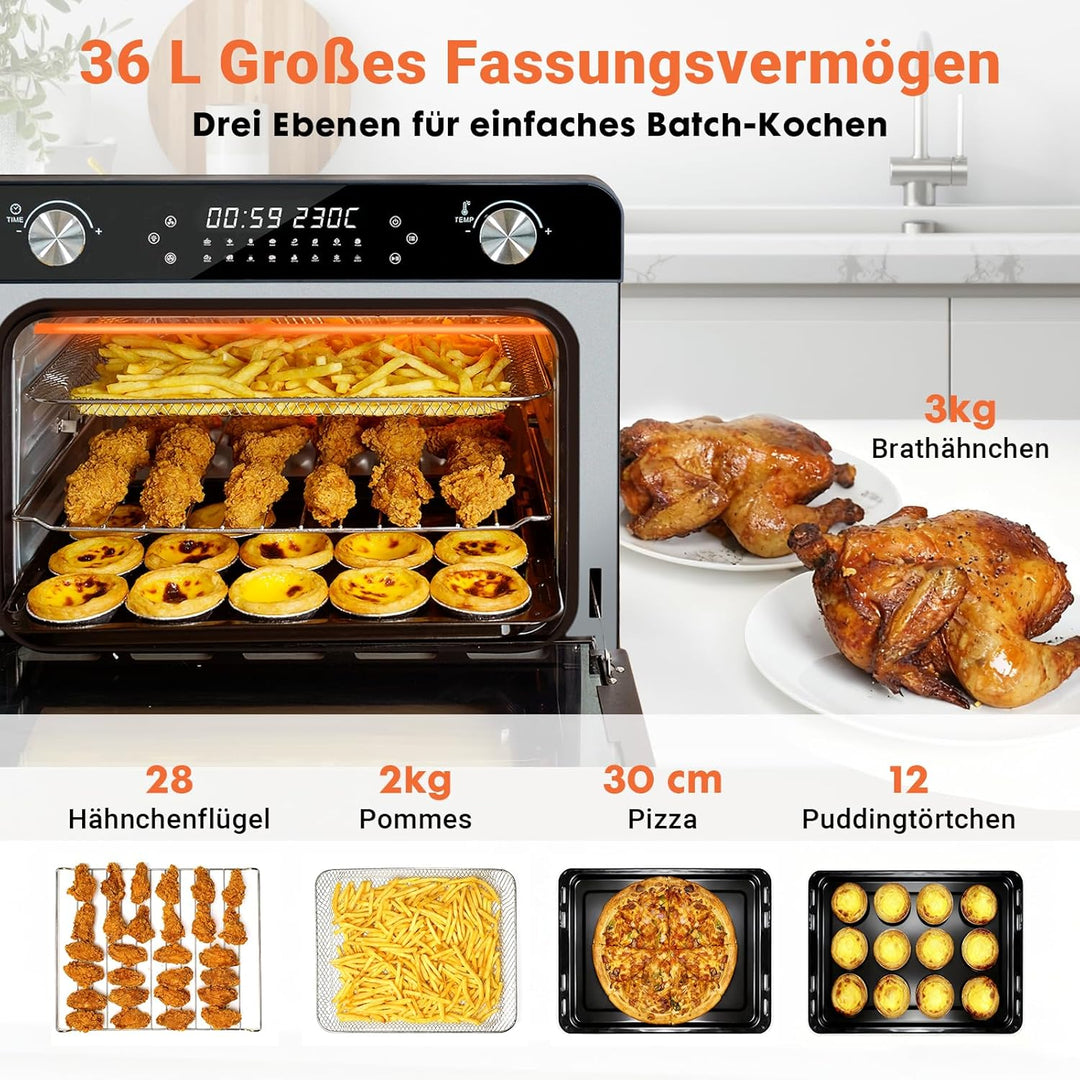 Luftfritteurofen mit Drehspiess – Tischkonvektionstosterofen 36L Grosse Heissluftfritteuse mit Rotis