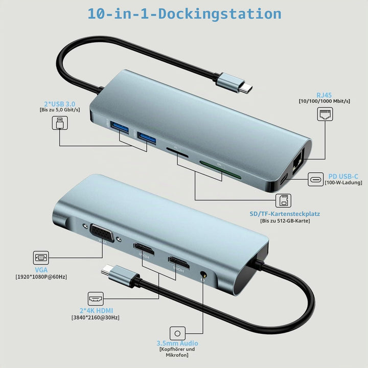 Docking Station, 10-in-1-USB-C-Hub, USB Typ C bis 4K 30 Hz HDMI 1080P VGA, 87 W PD, 2 USB 3.0, SD/TF