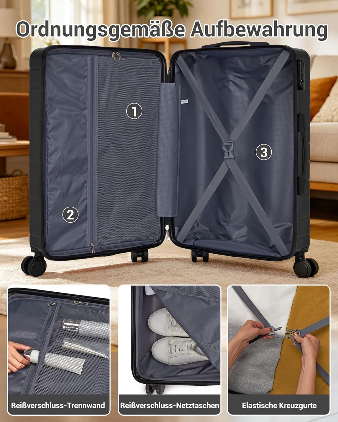 Koffer Set 3-teilig, Leichte ABS+PC-Hartschalenkoffer mit 4 Rollen | Leichte ABS+PC-Hartschale, pass