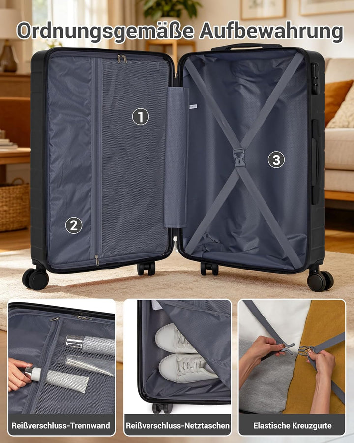 Koffer Set 3-teilig, Leichte ABS+PC-Hartschalenkoffer mit 4 Rollen | Leichte ABS+PC-Hartschale, pass