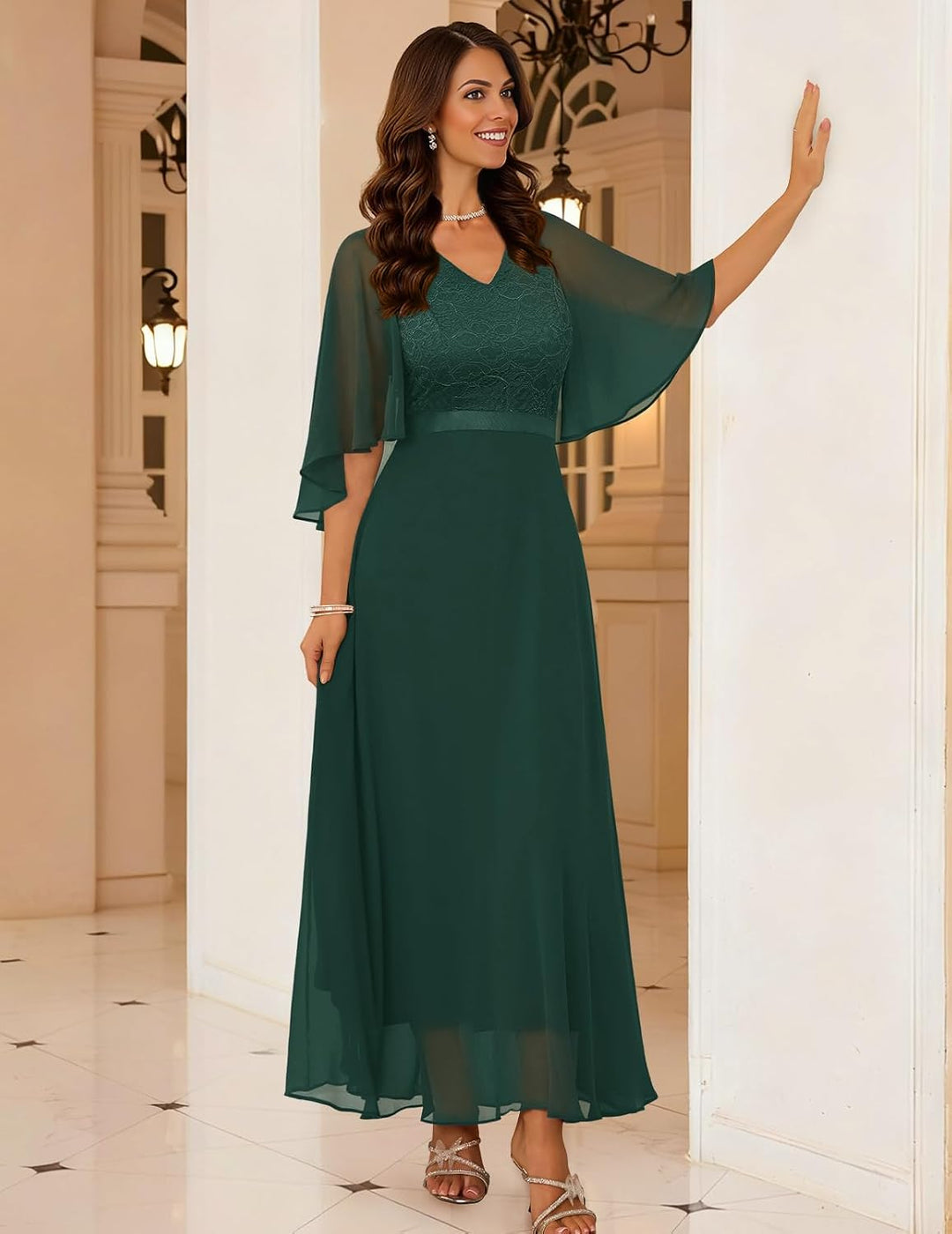 DRESSTELLS Abendkleid Damen Festlich Spitzenkleid für Hochzeit Chiffon Cape Ärmel Ballkleid Elegant