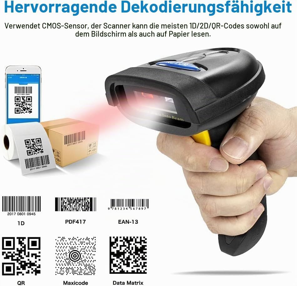NETUM 2D Barcode Scanner Bluetooth, Wireless QR Code Scanner mit Halterung, 2D Imager mit 2000 mAh A