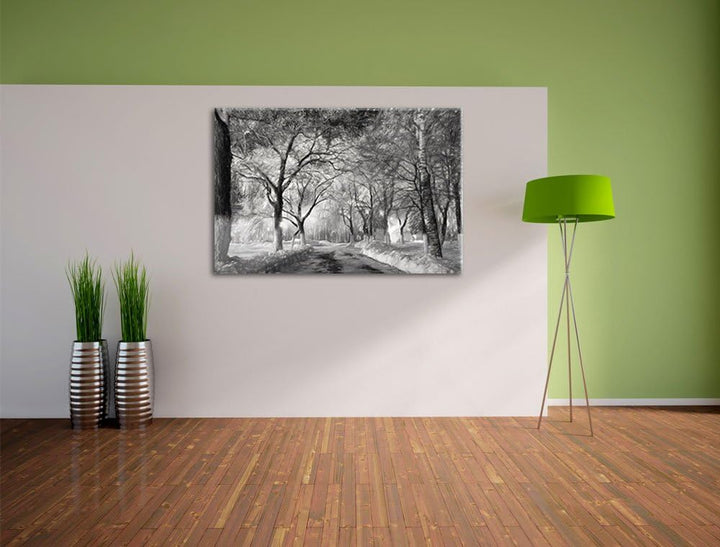 Pixxprint Baumallee im Winter Kohle Zeichnung Effekt, Format: 100x70 auf Leinwand, 100x70