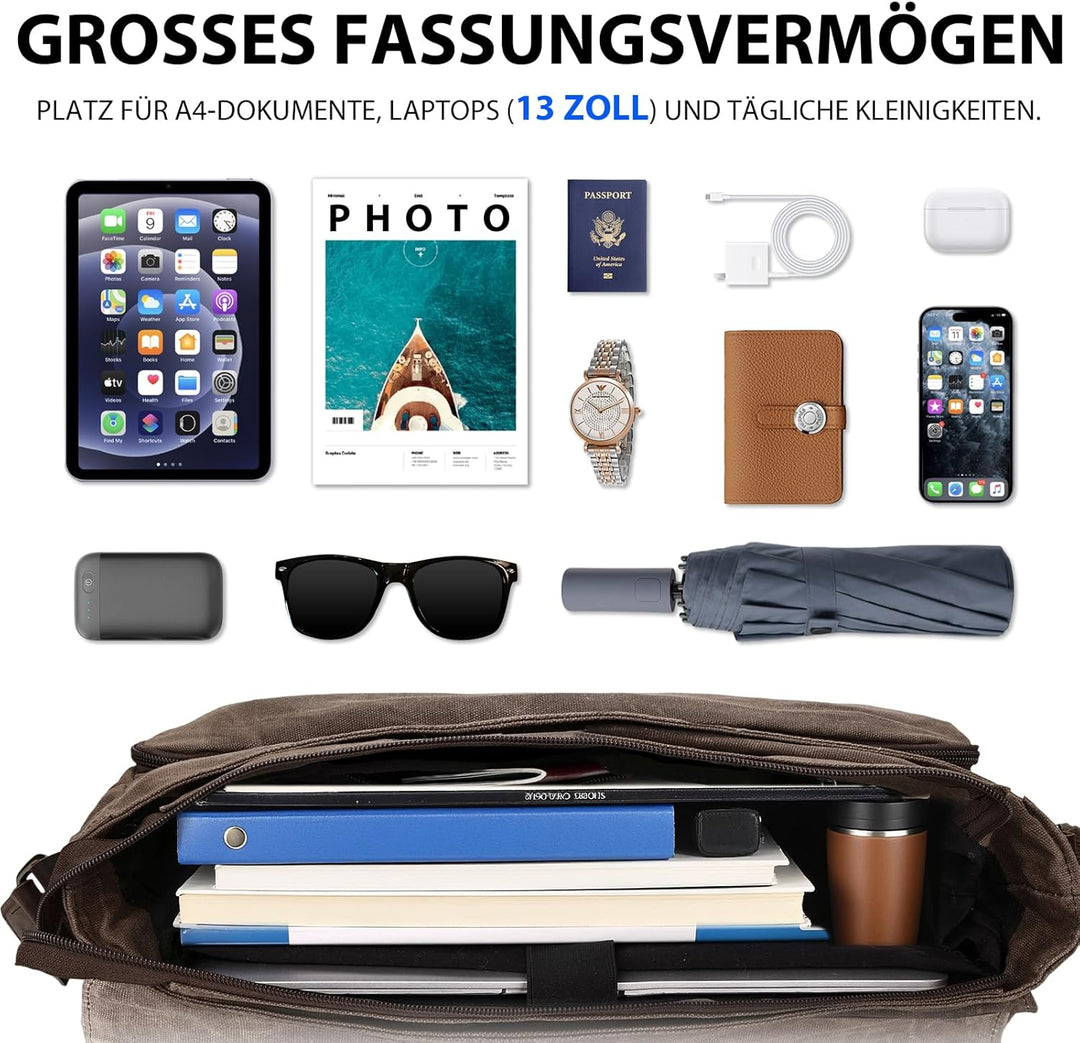 Leathario Umhängetasche Herren 13 Zoll, Messenger Bag aus Echtleder und Geöltem Segeltuch, Arbeitsta