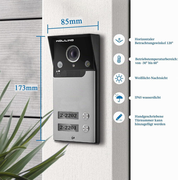 WOLILIWO Video Türklingel mit Kamera,2-familienhaus Video Doorbell Intercom with 7-Inch Monitor,Spre