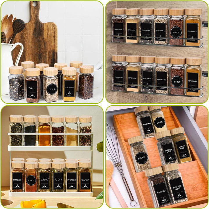 Gewürzgläser Eckig 24er Set 120ml, Gewürzdosen mit Streueinsatz, luftdichtem Schraubdeckel, Inkl. Tr