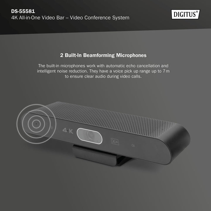 DIGITUS DS-55581 Video Bar Mini, Video-Konferenz-System – 4K UHD 30 Hz ePTZ Webcam Kamera – 2 Intern