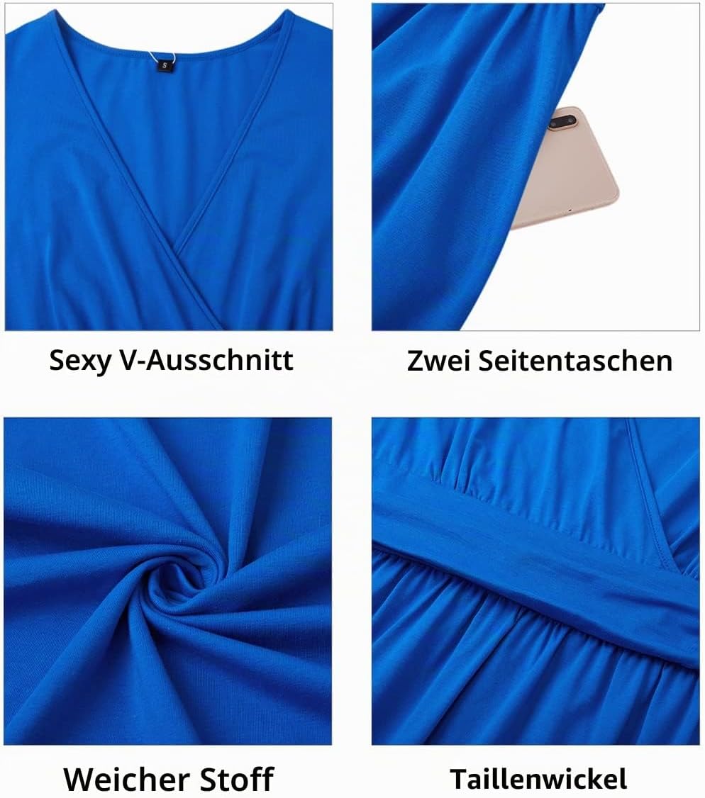 STYLEWORD Damen Sommerkleid Kurzarm V-Ausschnitt Kleider Blumenmuster Kleid Wickelkleid Mit Taschen