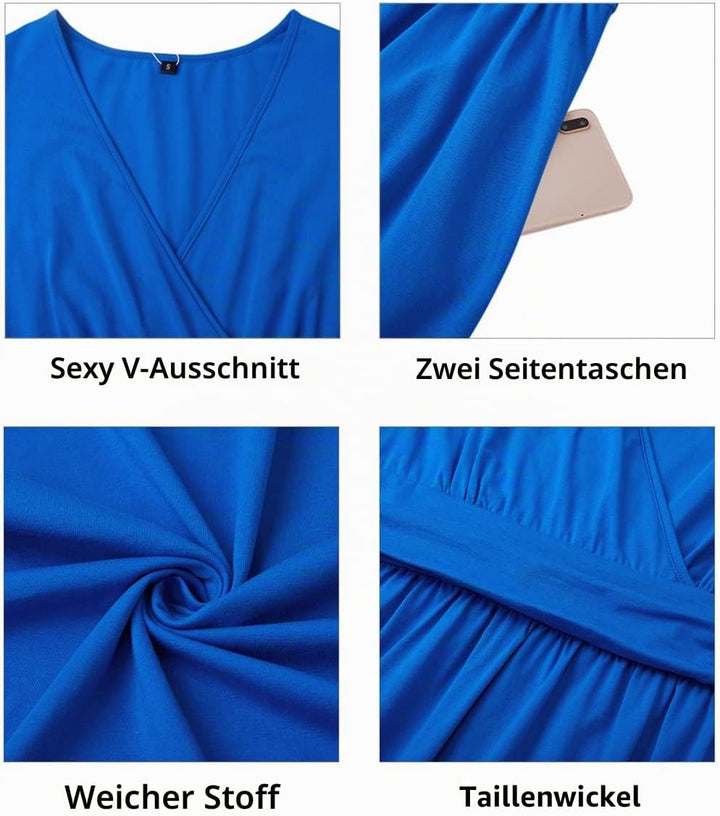 STYLEWORD Damen Sommerkleid Kurzarm V-Ausschnitt Kleider Blumenmuster Kleid Wickelkleid Mit Taschen