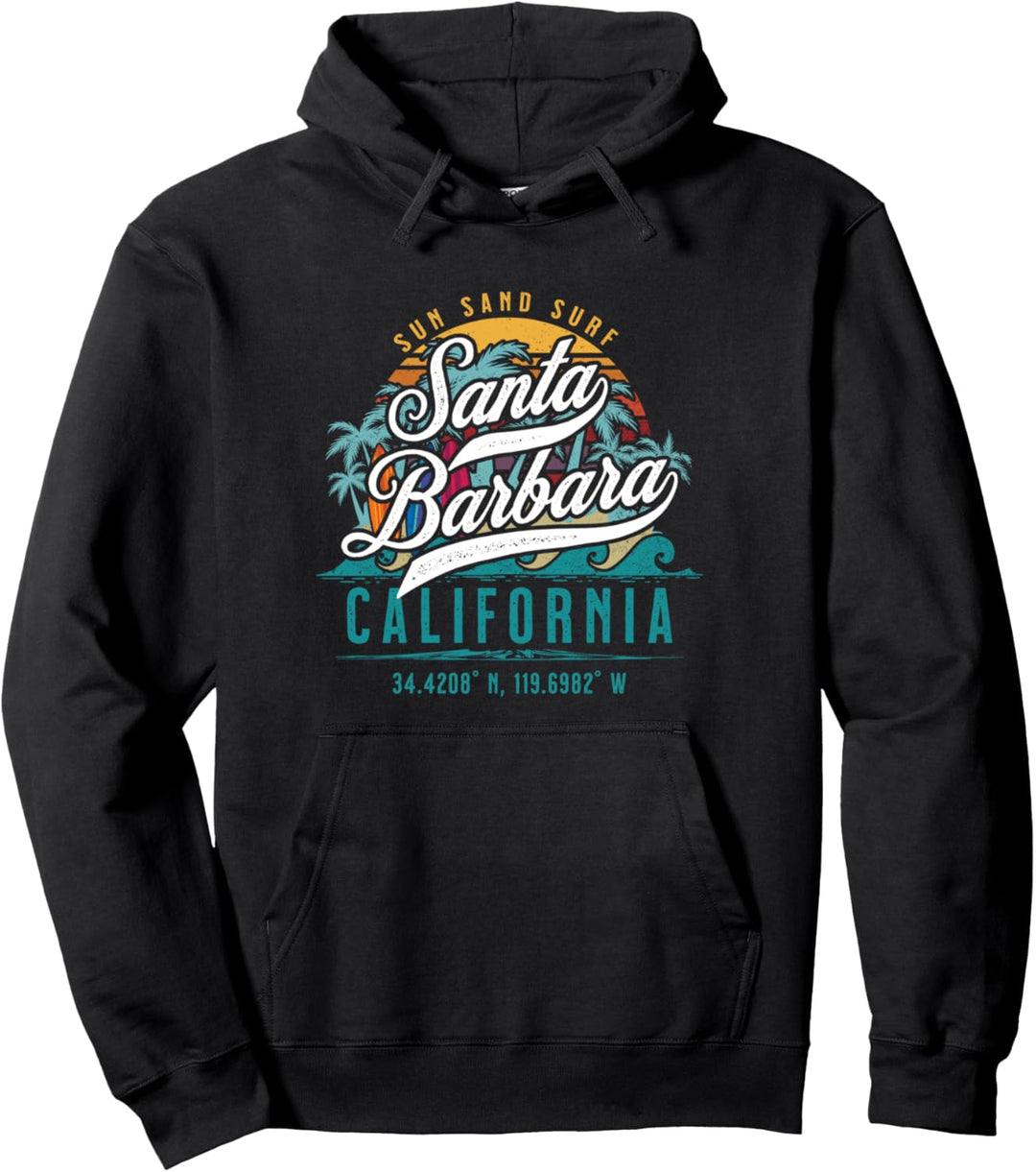 Retro Santa Barbara California Sun Sand Surf Beach Palme Pullover Hoodie