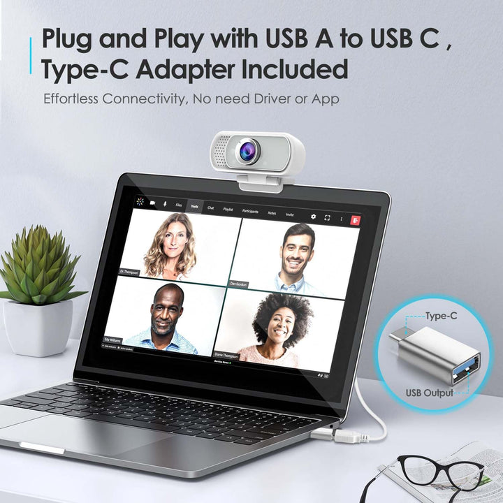 Webcam with Tripod Privacy Shutter: 1080P FHD Web Camera with Mic, Plug & Play USB A USB C Webcam wi