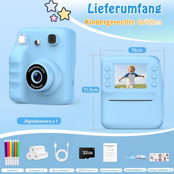 Kinderkamera Sofortbildkamera, 2.4" HD Bildschirm Kinderkamera mit 32 GB Spielzeug ab 3 4 5 6 Jahren