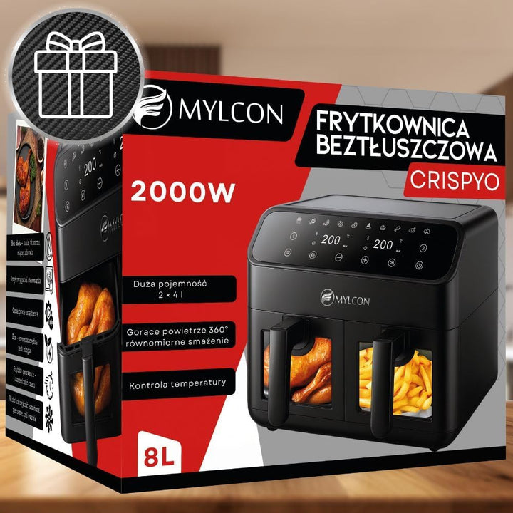 Crispyo Heissluftfritteuse Doppelkammer mit Sichtfenster, 8L (2 x 4L), 10 Programme, Touch-Bedienung