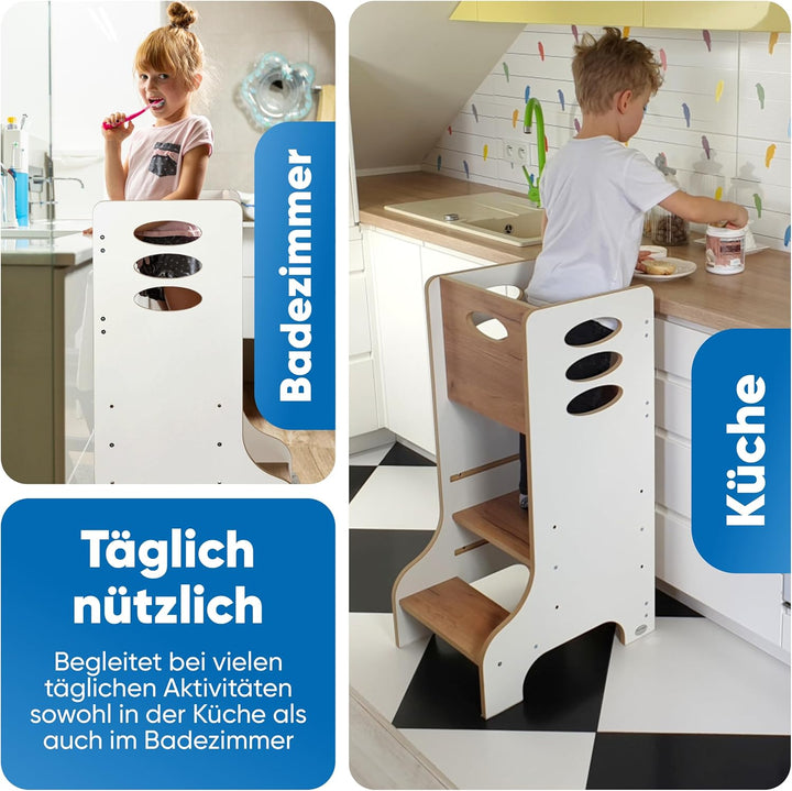 Kitchen Kids Helper Lernturm ab 1 Jahr - Höhenverstellbarer Lernturm Montessori Weiss und Eich 90cm