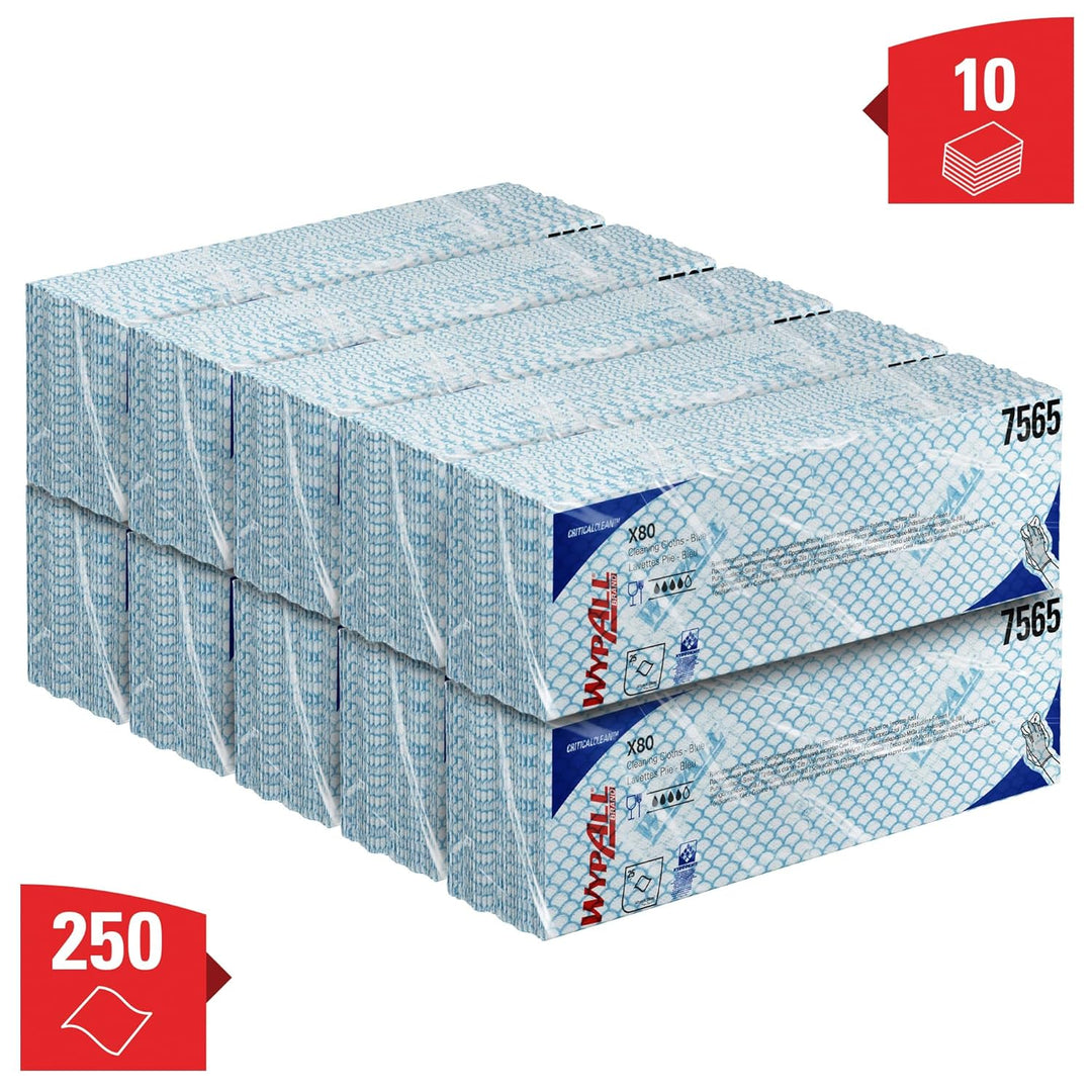 WypAll X80 Farbcodierte Reinigungstücher 7565 – Blau – 10 Packungen x 25 Wischtücher für hohe Beansp
