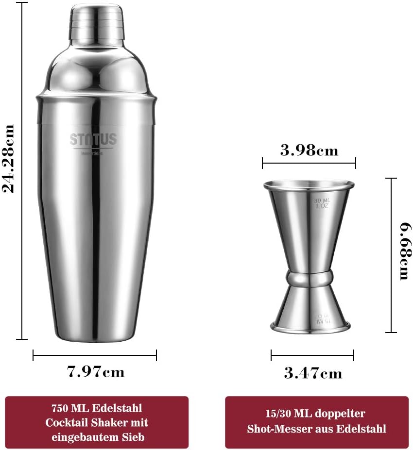 Cocktail Shaker, STNTUS 750ml Cocktailshaker, Bar Zubehör, Cocktail Mixer mit Jigger, Edelstahl, Coc