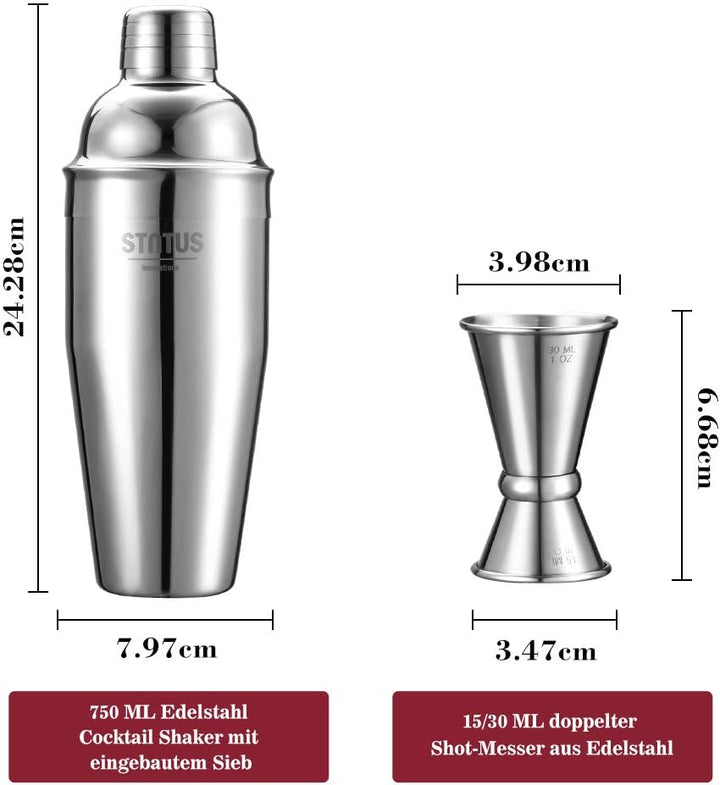 Cocktail Shaker, STNTUS 750ml Cocktailshaker, Bar Zubehör, Cocktail Mixer mit Jigger, Edelstahl, Coc