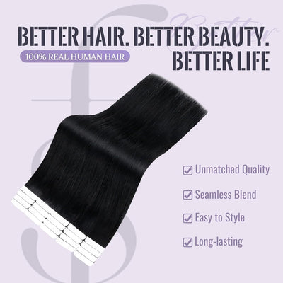 Fshine Extensions Tape in Echthaar 45cm Schwarze Extensions Echthaar Haar 20 Stück Tapes Echthaar Ex