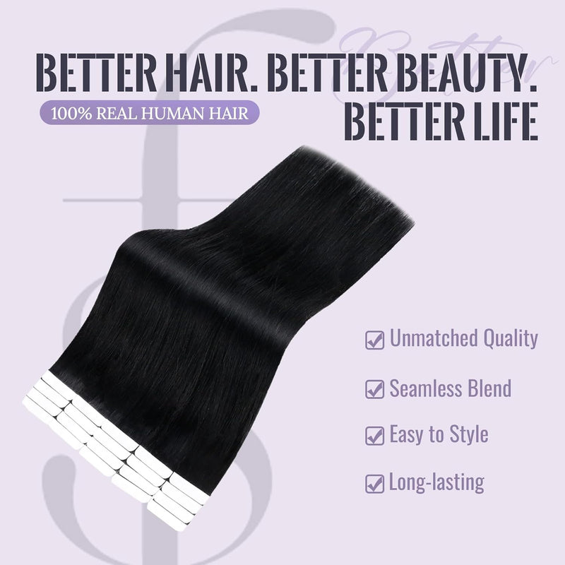 Fshine Extensions Tape in Echthaar 45cm Schwarze Extensions Echthaar Haar 20 Stück Tapes Echthaar Ex